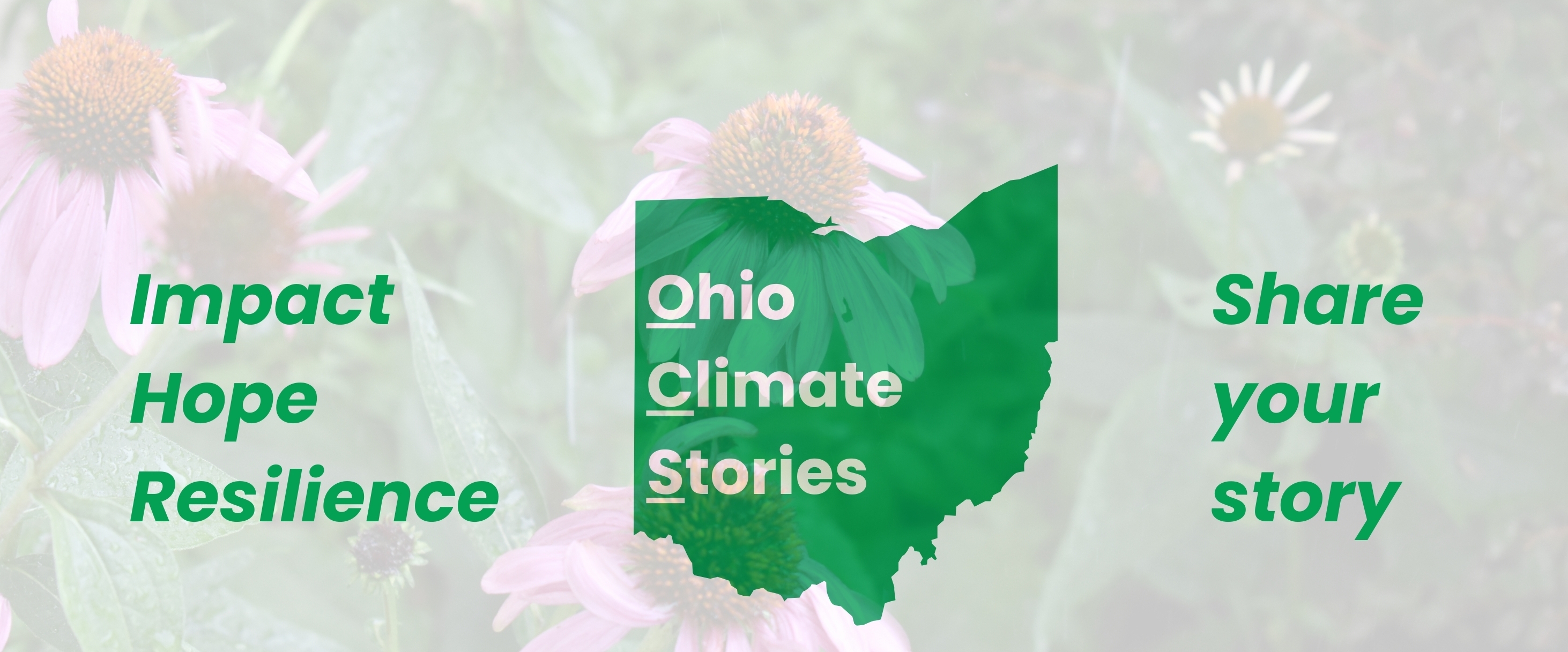The Ohio Climate Stories is a green image of the state of Ohio with the words 